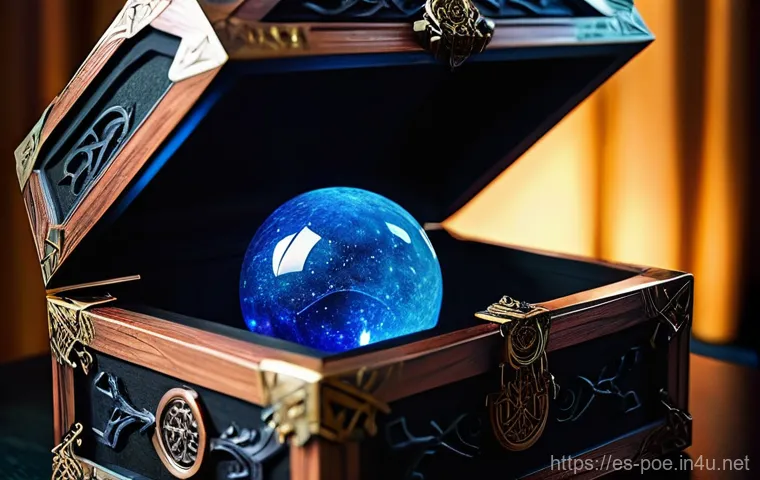 패스 오브 엑자일 오브 종류와 활용 - **Subject:** A close-up, highly detailed shot of a richly adorned, open treasure chest or a speciali...