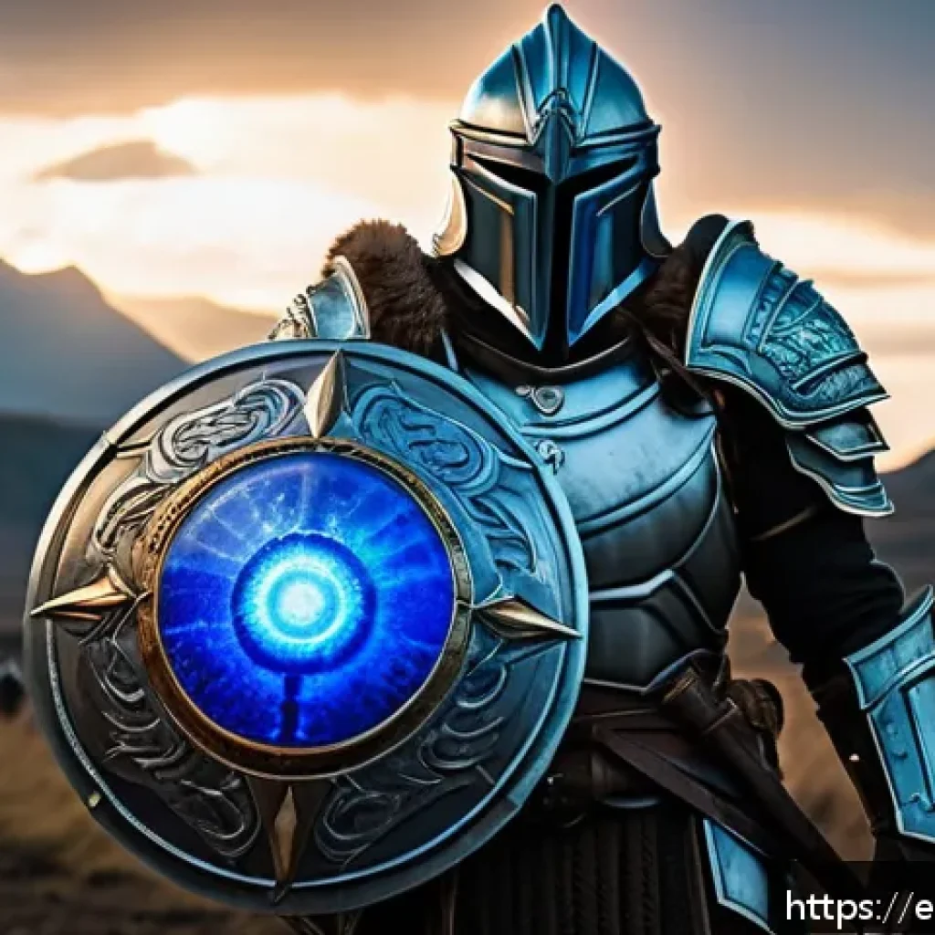 패스 오브 엑자일 방어도와 에너지 실드 계산법 - A detailed fantasy warrior character clad in heavy armor and a large shield, standing confidently on...