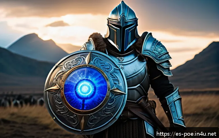 패스 오브 엑자일 방어도와 에너지 실드 계산법 - A detailed fantasy warrior character clad in heavy armor and a large shield, standing confidently on...
