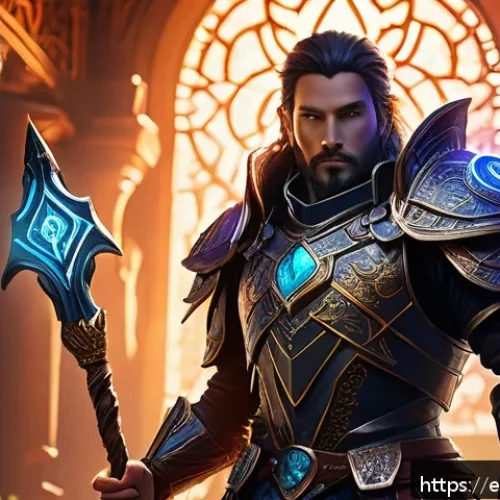 패스 오브 엑자일 리그 변경 내역 분석 - A detailed fantasy RPG character standing confidently in front of a massive, intricately designed pa...