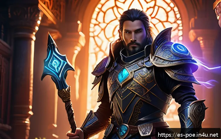 패스 오브 엑자일 리그 변경 내역 분석 - A detailed fantasy RPG character standing confidently in front of a massive, intricately designed pa...