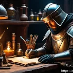 패스 오브 엑자일 크래프팅 노하우 - A detailed fantasy-themed crafting workshop interior, filled with glowing orbs, ancient tomes, and a...