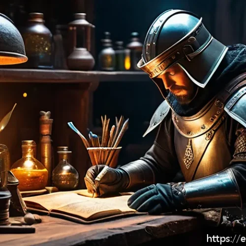 패스 오브 엑자일 크래프팅 노하우 - A detailed fantasy-themed crafting workshop interior, filled with glowing orbs, ancient tomes, and a...