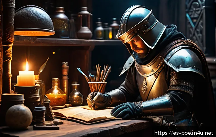 패스 오브 엑자일 크래프팅 노하우 - A detailed fantasy-themed crafting workshop interior, filled with glowing orbs, ancient tomes, and a...