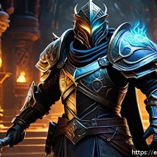 패스 오브 엑자일 플라스크 사용 최적화 - A detailed fantasy RPG scene showing a battle-ready warrior character standing confidently in a dark...