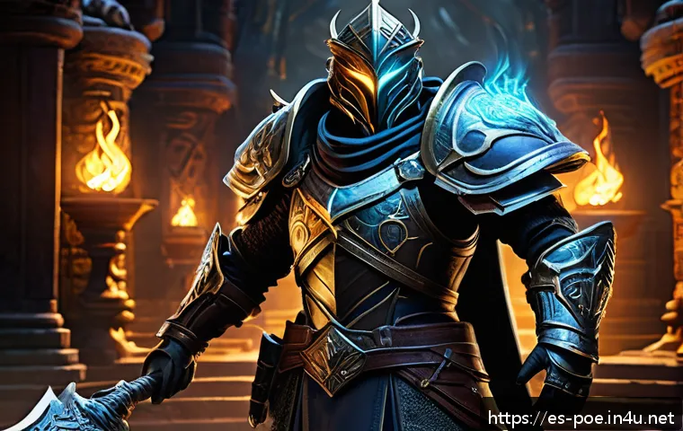 패스 오브 엑자일 플라스크 사용 최적화 - A detailed fantasy RPG scene showing a battle-ready warrior character standing confidently in a dark...