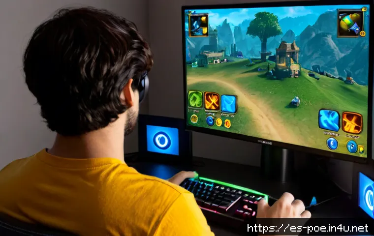 패스 오브 엑자일 HUD 설정법 - Photorealistic over-the-shoulder view of a Spanish-speaking adult gamer carefully adjusting a fantas...